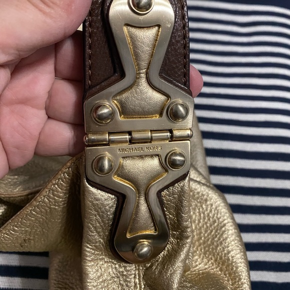 Designer MK Hobo Bag in Metallic Gold Leather Brown Accents Gold Hardware - Picture 3 of 10